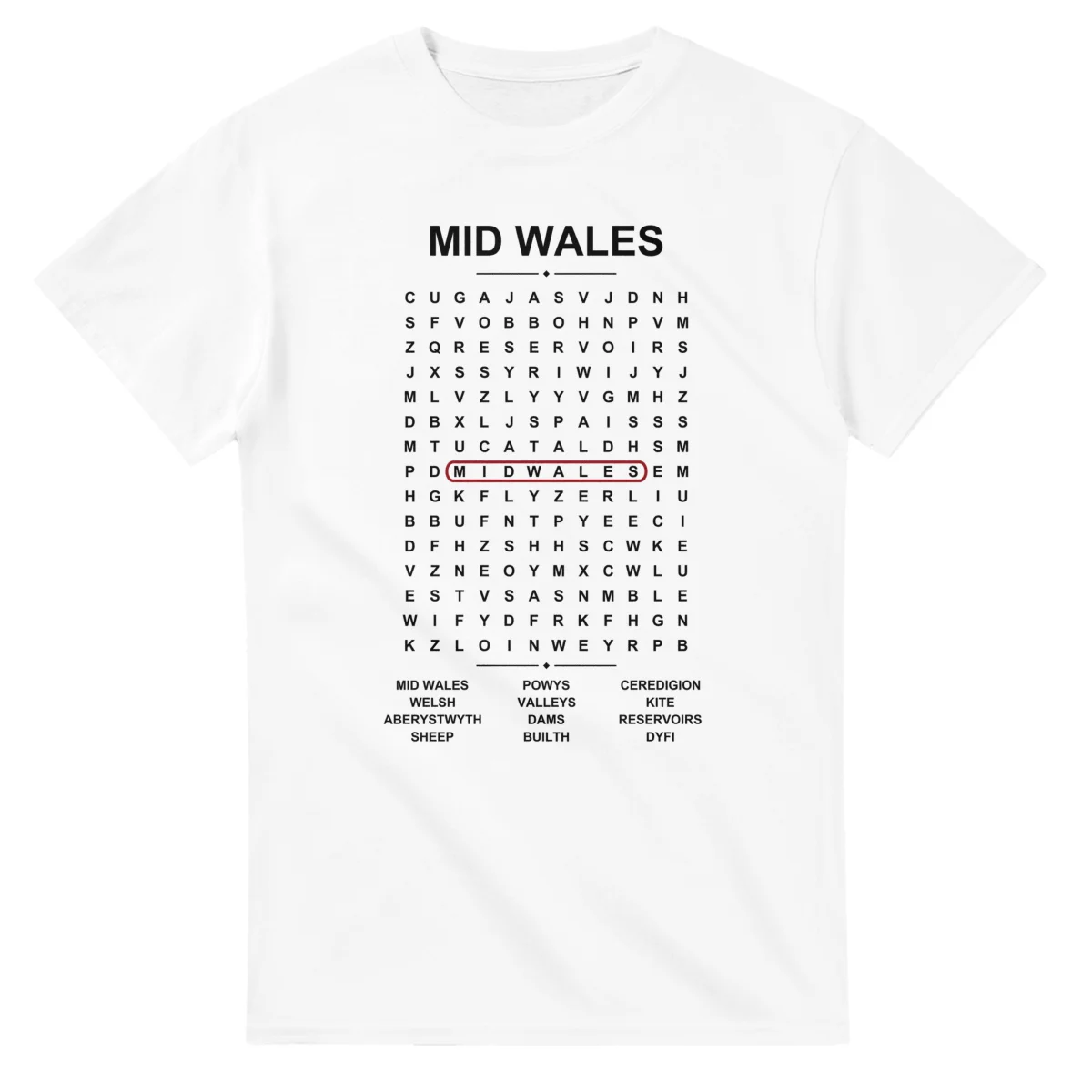 Word-search sheet for Mid Wales, with a large place-name heading, a letter grid, a local answer list, and a red highlighted example word.