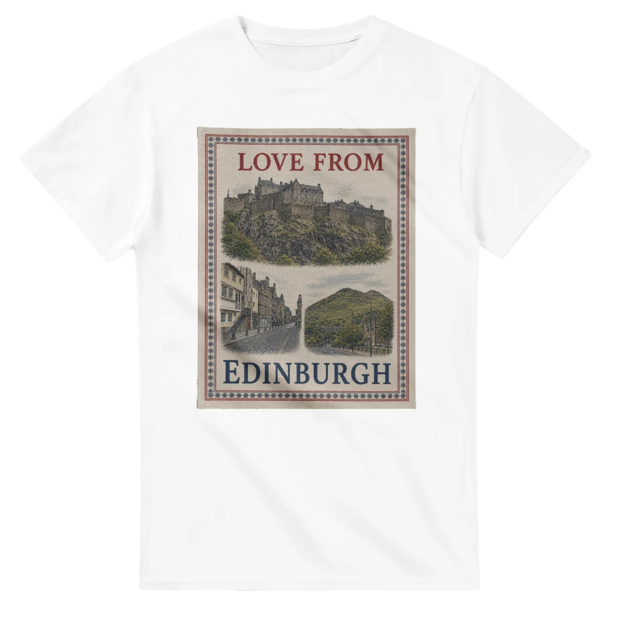 Framed scenic design for Edinburgh, with several local views, a decorative border and LOVE FROM lettering.