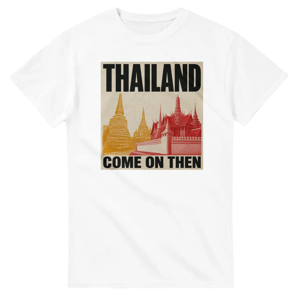 Two-colour scenic illustration for Thailand, with the place name and COME ON THEN lettering.