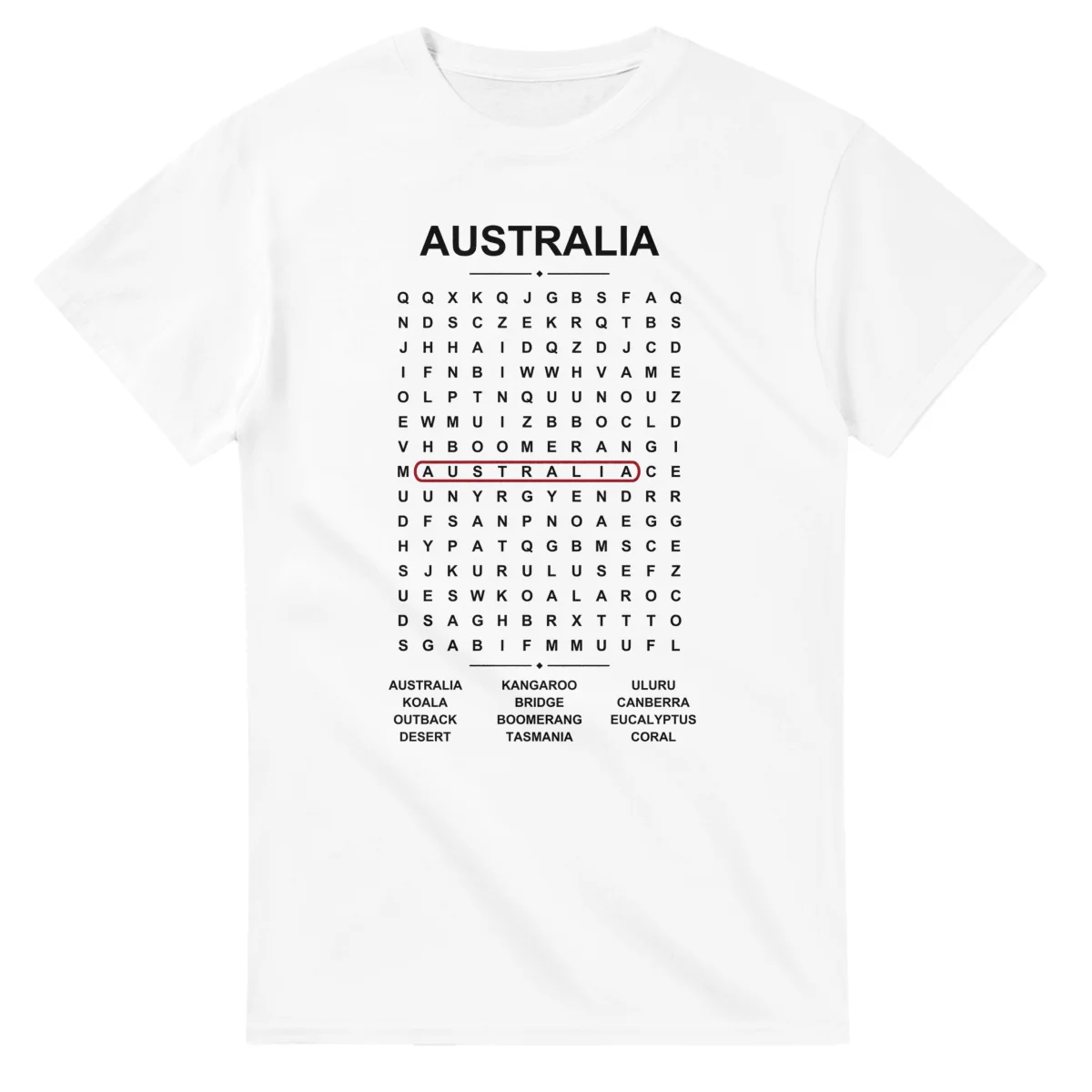 Word-search sheet for Australia, with a large place-name heading, a letter grid, a local answer list, and a red highlighted example word.