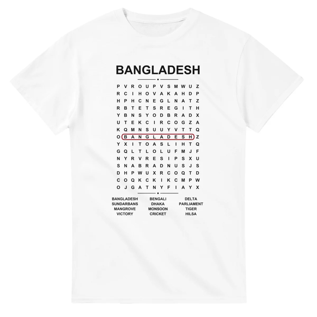 Word-search sheet for Bangladesh, with a large place-name heading, a letter grid, a local answer list, and a red highlighted example word.