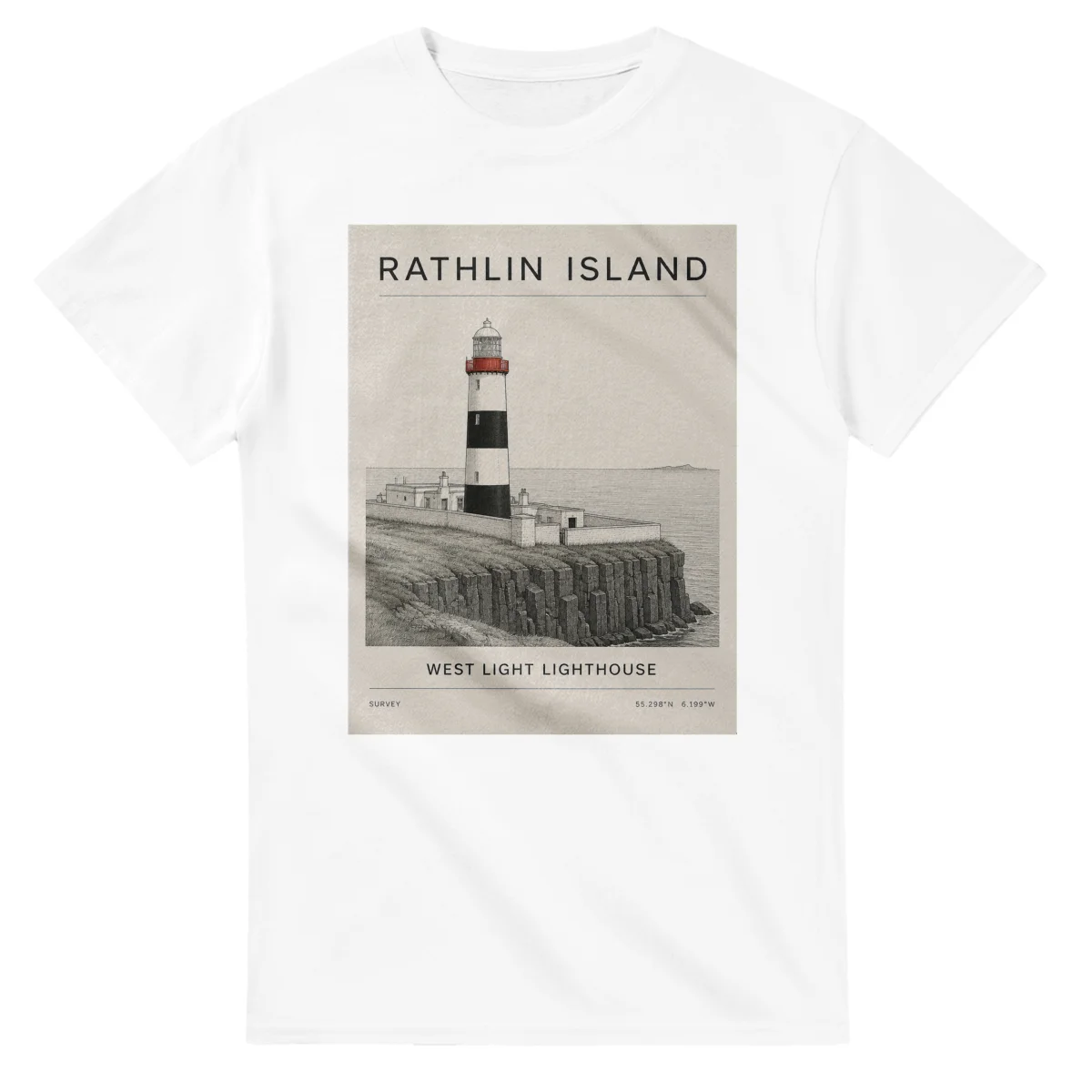Fine-line engraving-style drawing for Rathlin Island, with a landmark caption and small coordinate text.