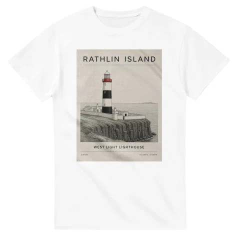 Fine-line engraving-style drawing for Rathlin Island, with a landmark caption and small coordinate text.