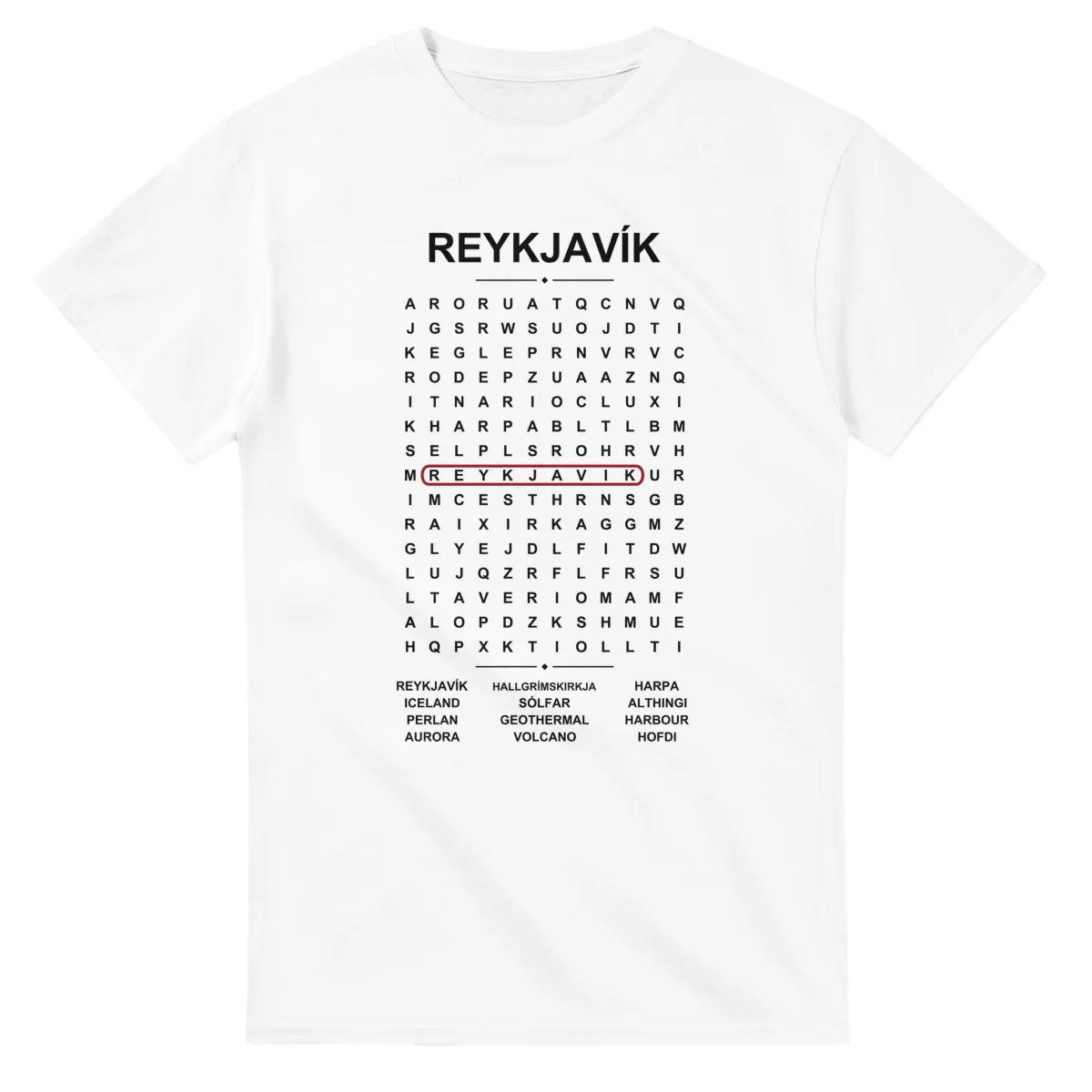 Word-search sheet for Reykjavík, with a large place-name heading, a letter grid, a local answer list, and a red highlighted example word.