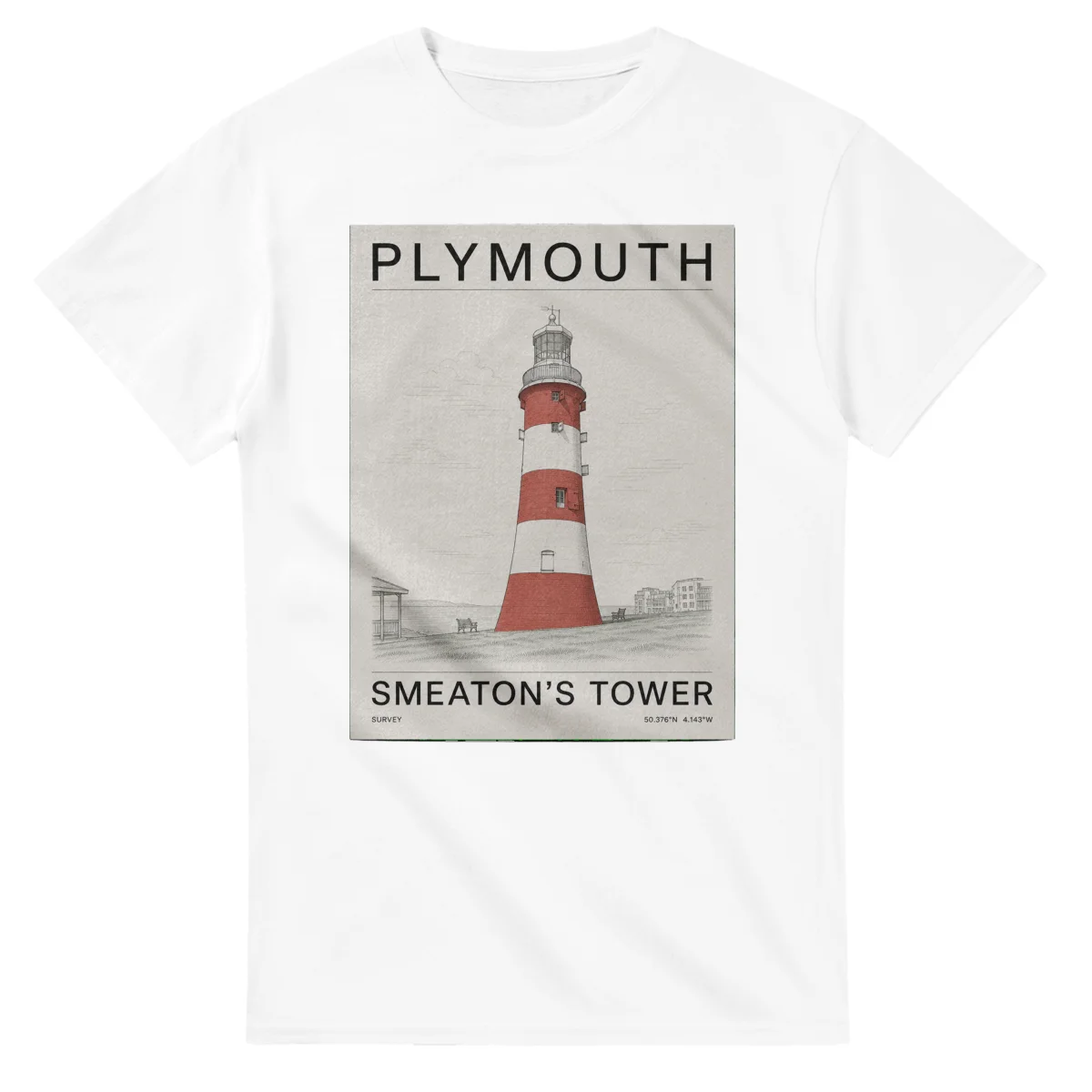 Fine-line engraving-style drawing for Plymouth, with a landmark caption and small coordinate text.