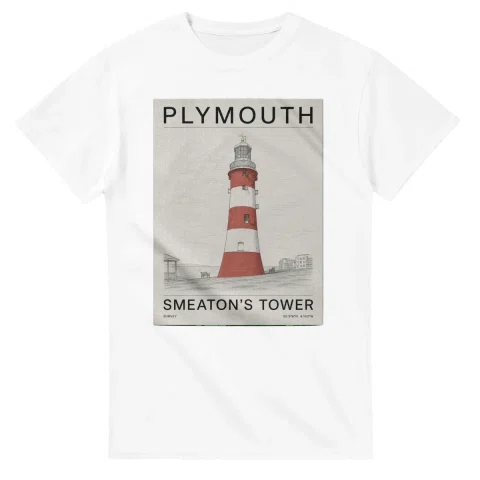 Fine-line engraving-style drawing for Plymouth, with a landmark caption and small coordinate text.