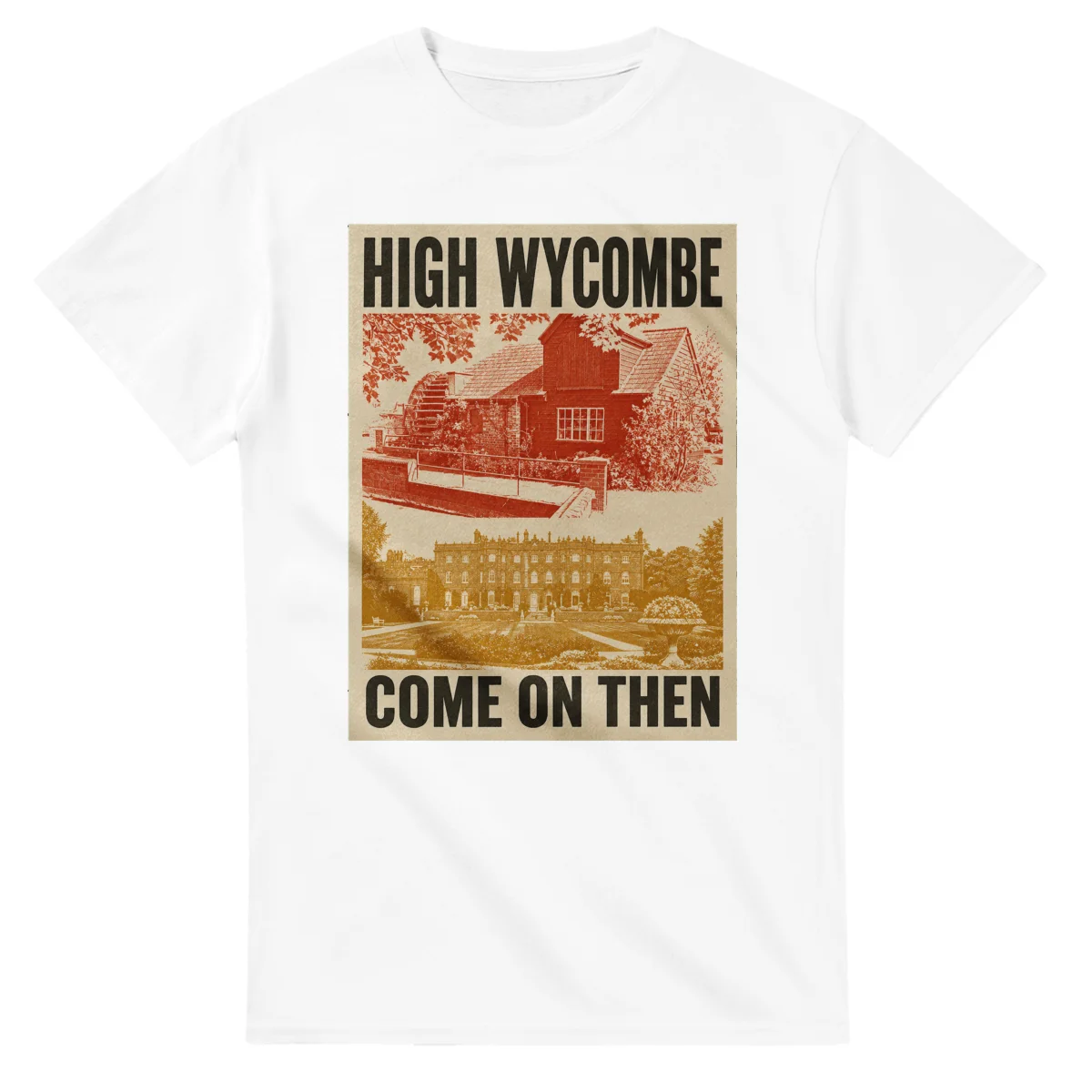 Two-colour scenic illustration for High Wycombe, with the place name and COME ON THEN lettering.