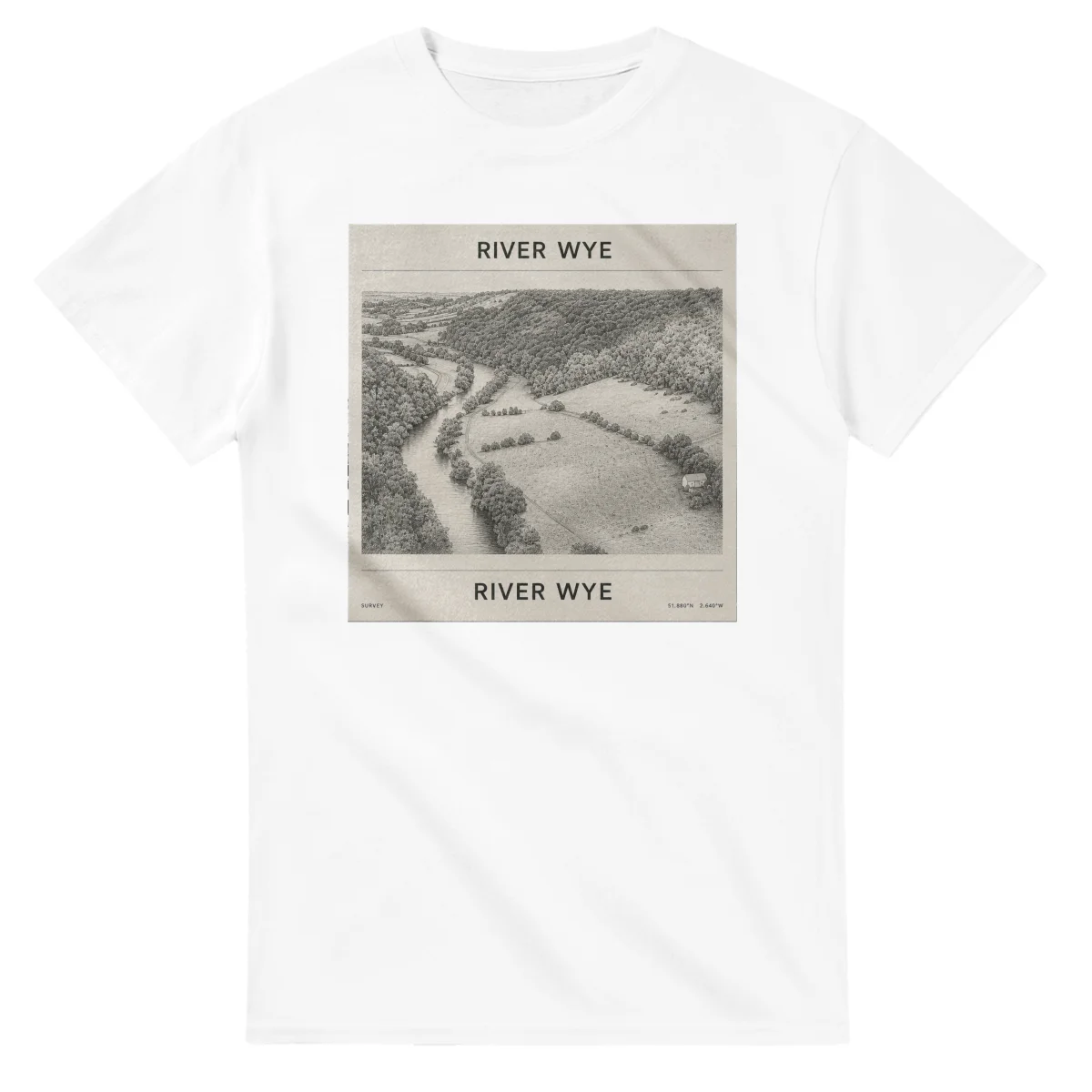 Fine-line engraving-style drawing for River Wye, with a landmark caption and small coordinate text.