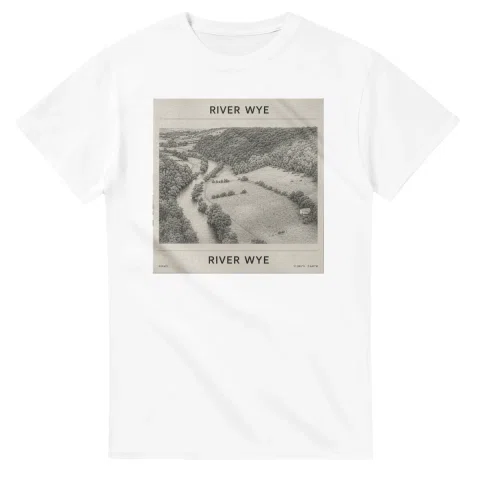 Fine-line engraving-style drawing for River Wye, with a landmark caption and small coordinate text.