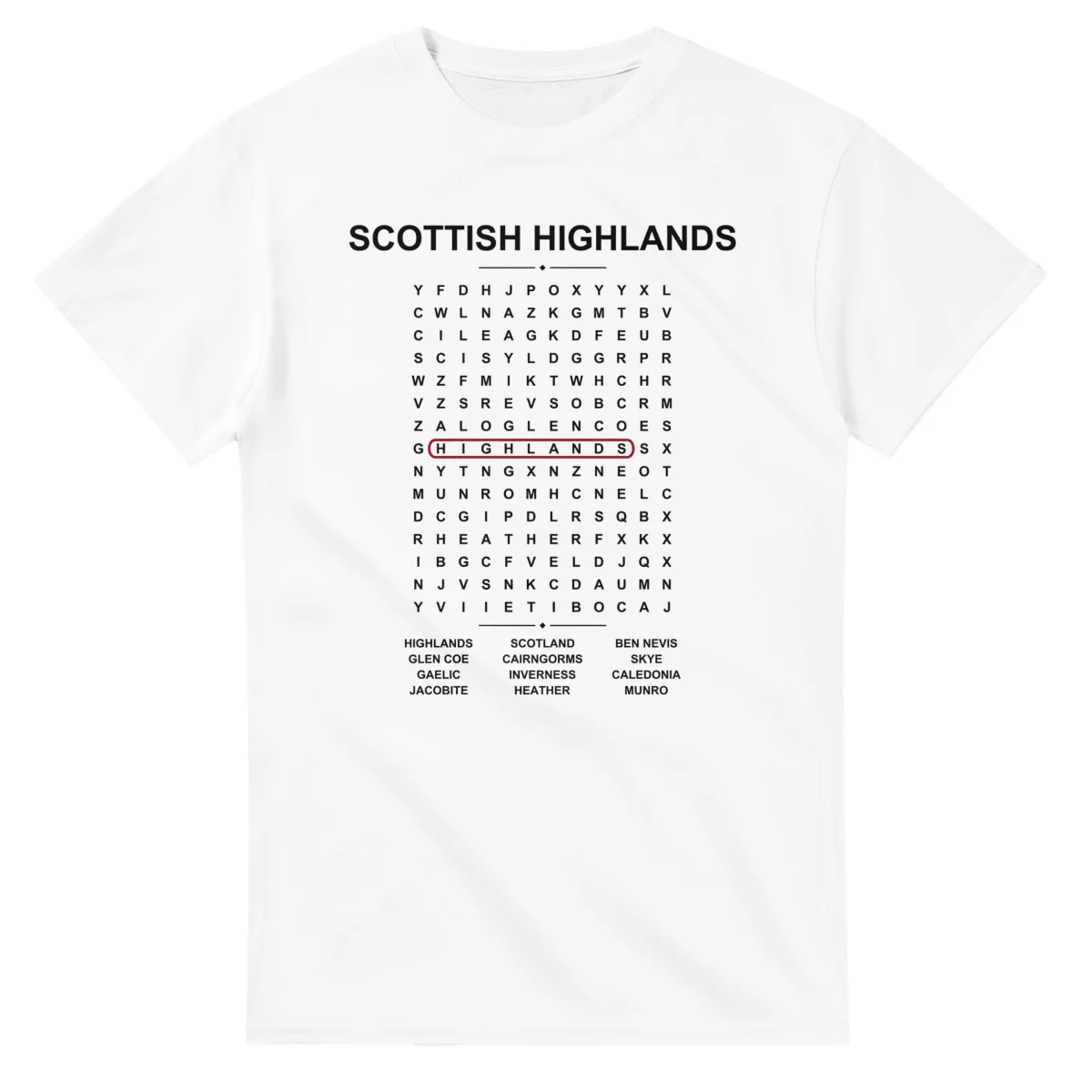 Word-search sheet for Scottish Highlands, with a large place-name heading, a letter grid, a local answer list, and a red highlighted example word.