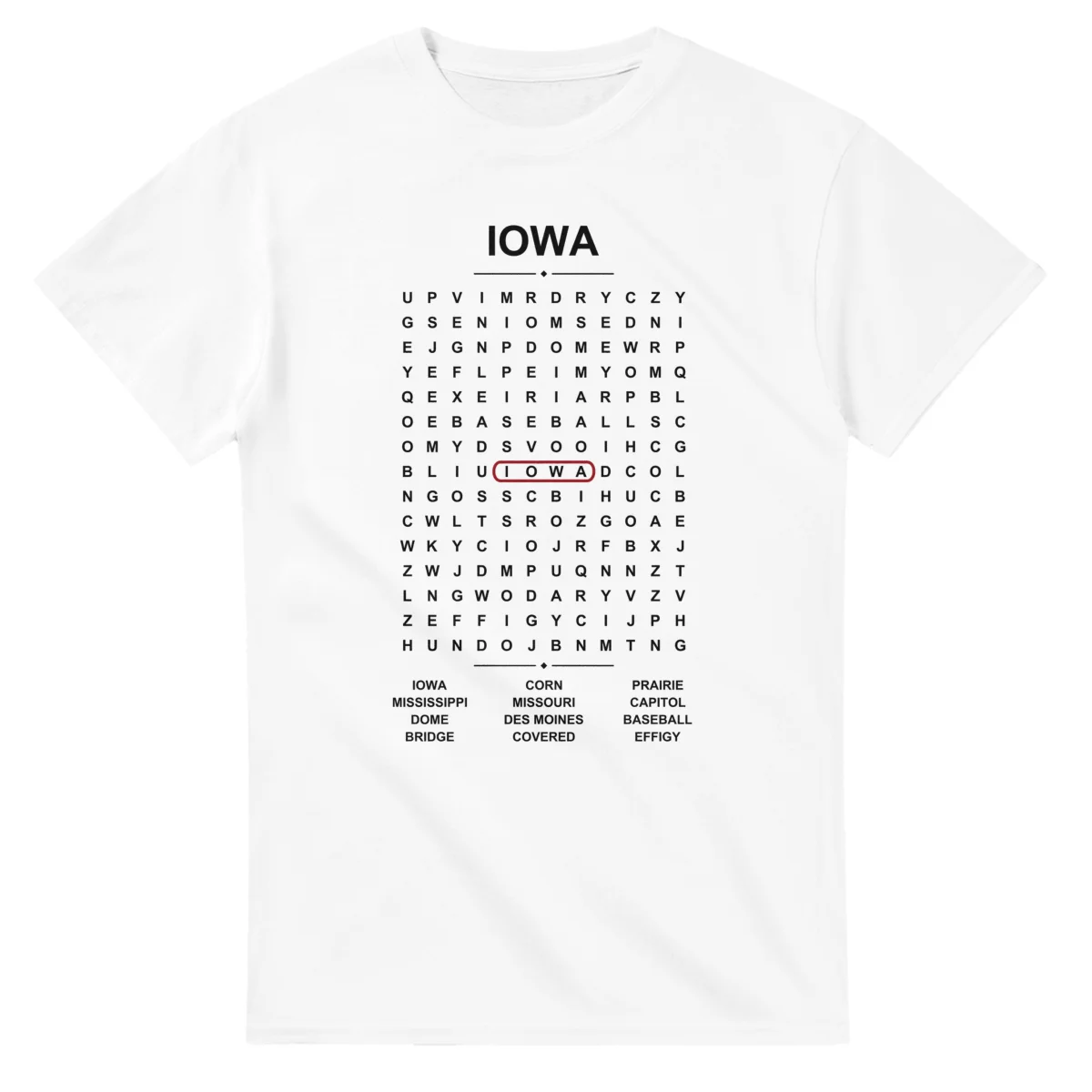 Word-search sheet for Iowa, with a large place-name heading, a letter grid, a local answer list, and a red highlighted example word.