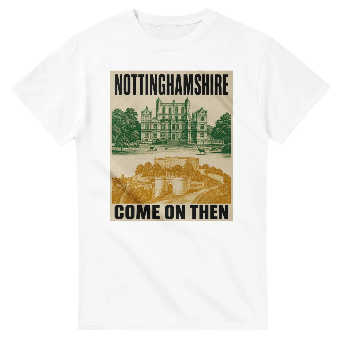 Two-colour scenic illustration for Nottinghamshire, with the place name and COME ON THEN lettering.