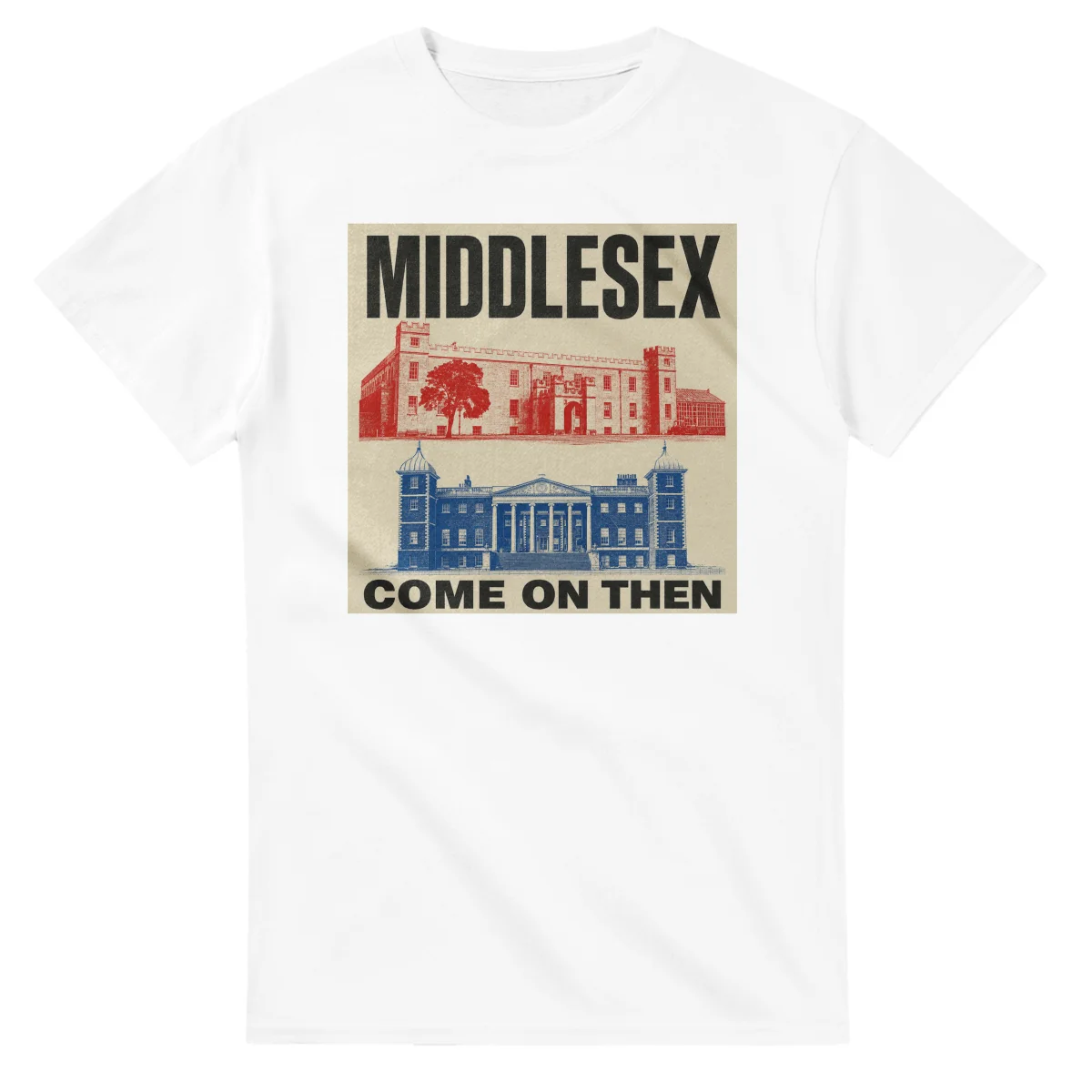 Two-colour scenic illustration for Middlesex, with the place name and COME ON THEN lettering.