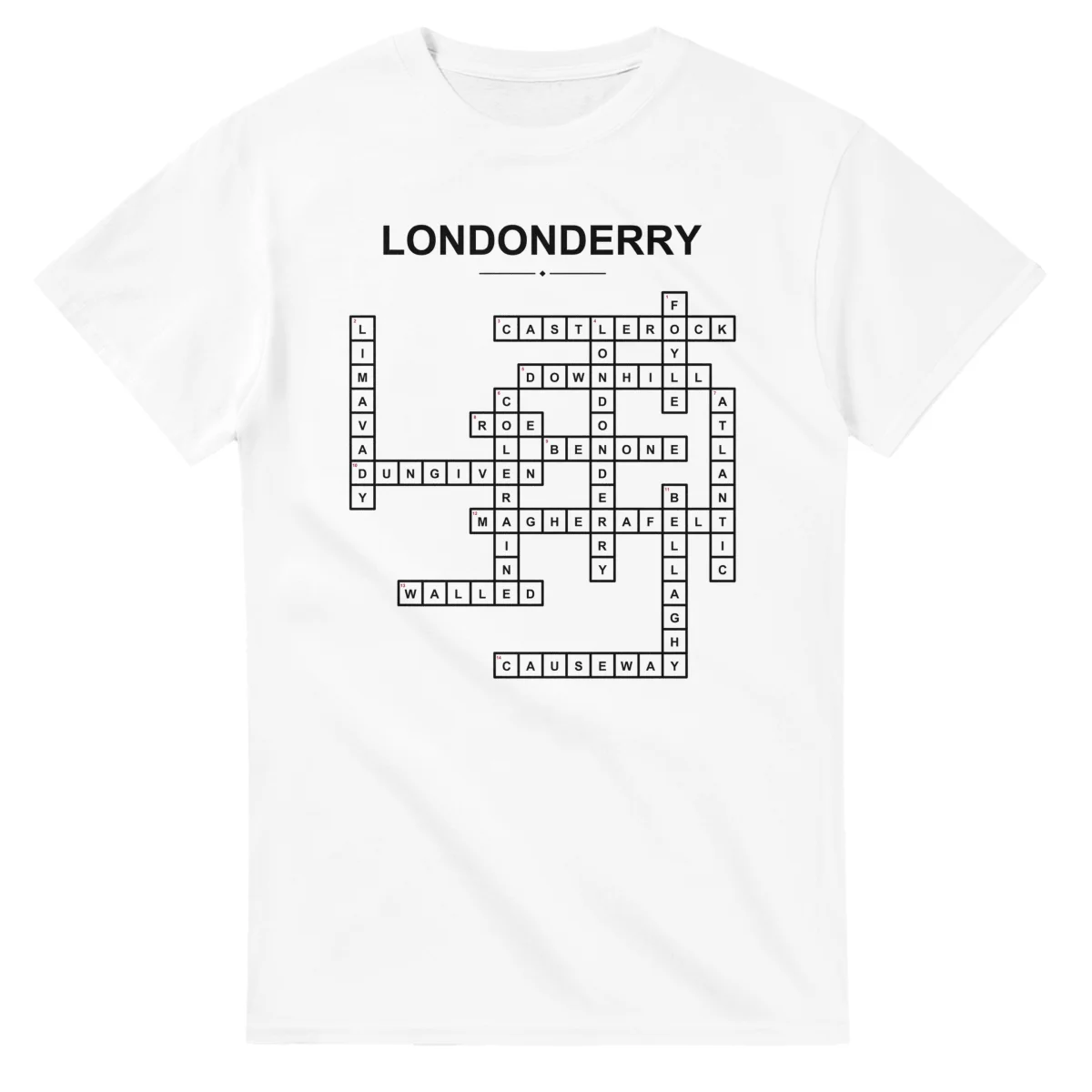 Monochrome crossword sheet for Londonderry, with a large place-name heading, a letter grid, and numbered across and down clues.