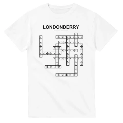 Monochrome crossword sheet for Londonderry, with a large place-name heading, a letter grid, and numbered across and down clues.