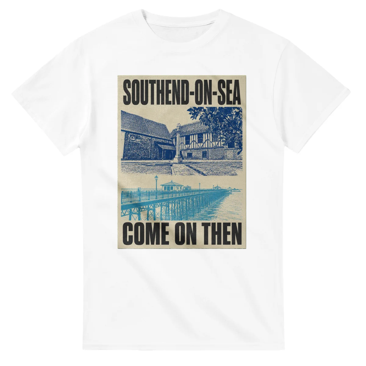 Two-colour scenic illustration for Southend-on-Sea, with the place name and COME ON THEN lettering.