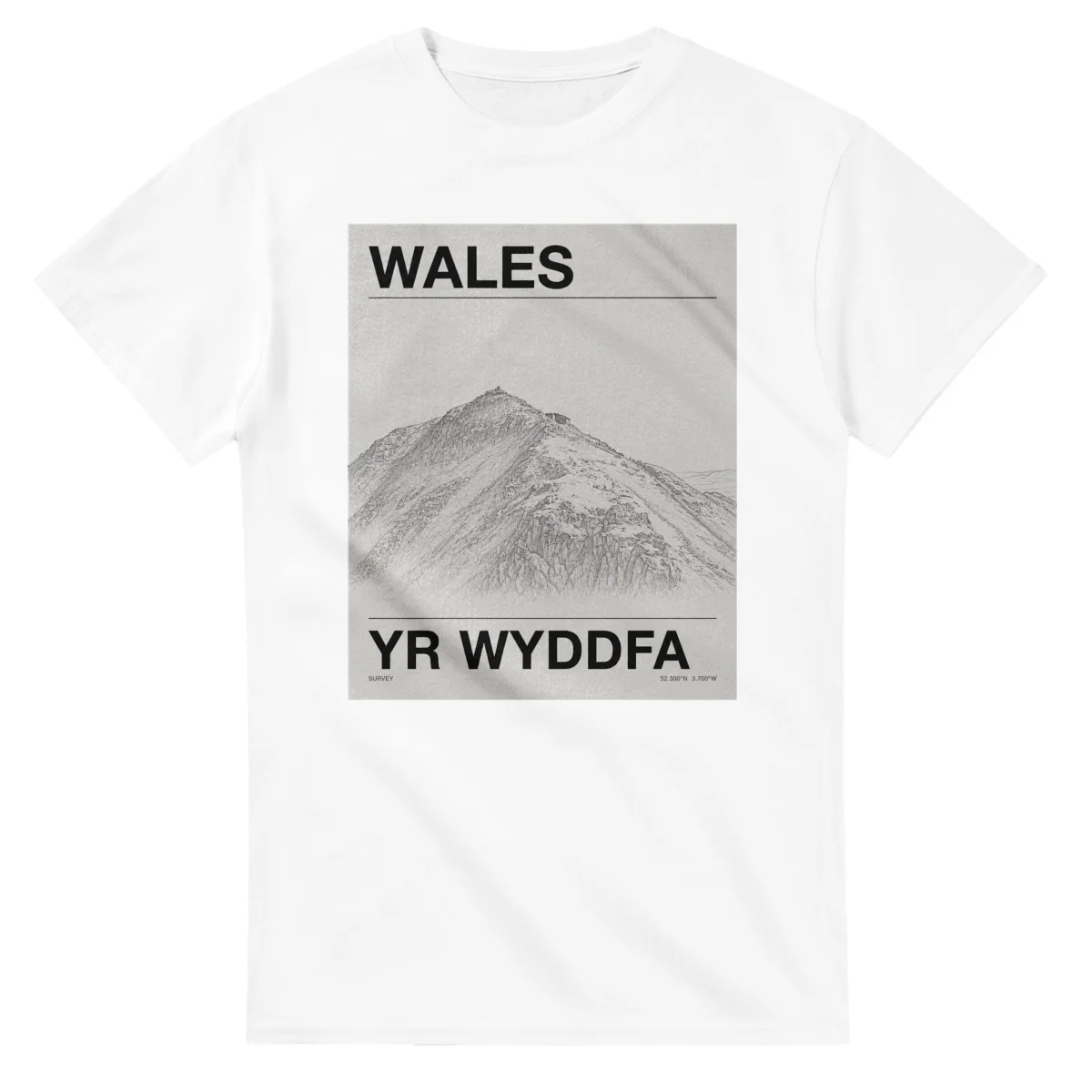 Fine-line engraving-style drawing for Wales, with a landmark caption and small coordinate text.