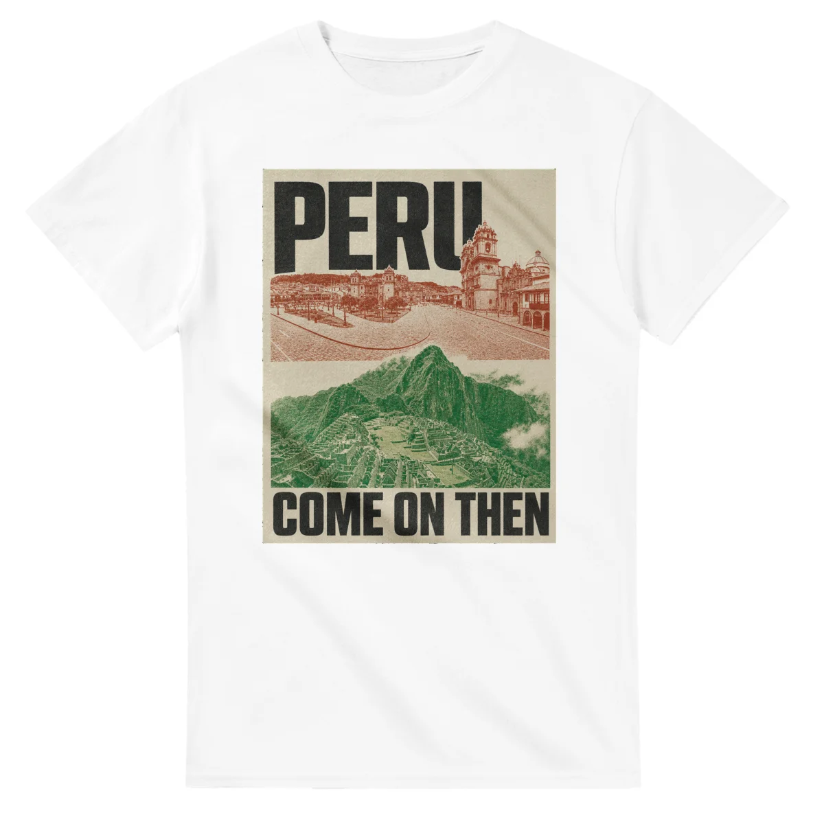 Two-colour scenic illustration for Peru, with the place name and COME ON THEN lettering.