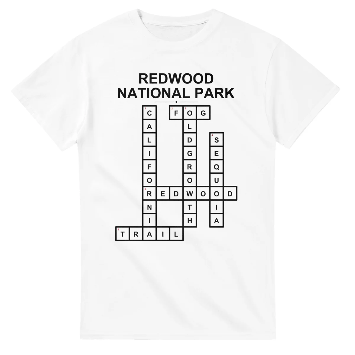 Monochrome crossword sheet for Redwood National Park, with a large place-name heading, a letter grid, and numbered across and down clues.