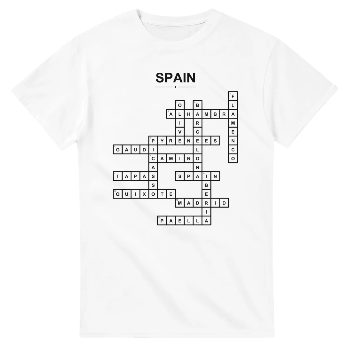Monochrome crossword sheet for Spain, with a large place-name heading, a letter grid, and numbered across and down clues.
