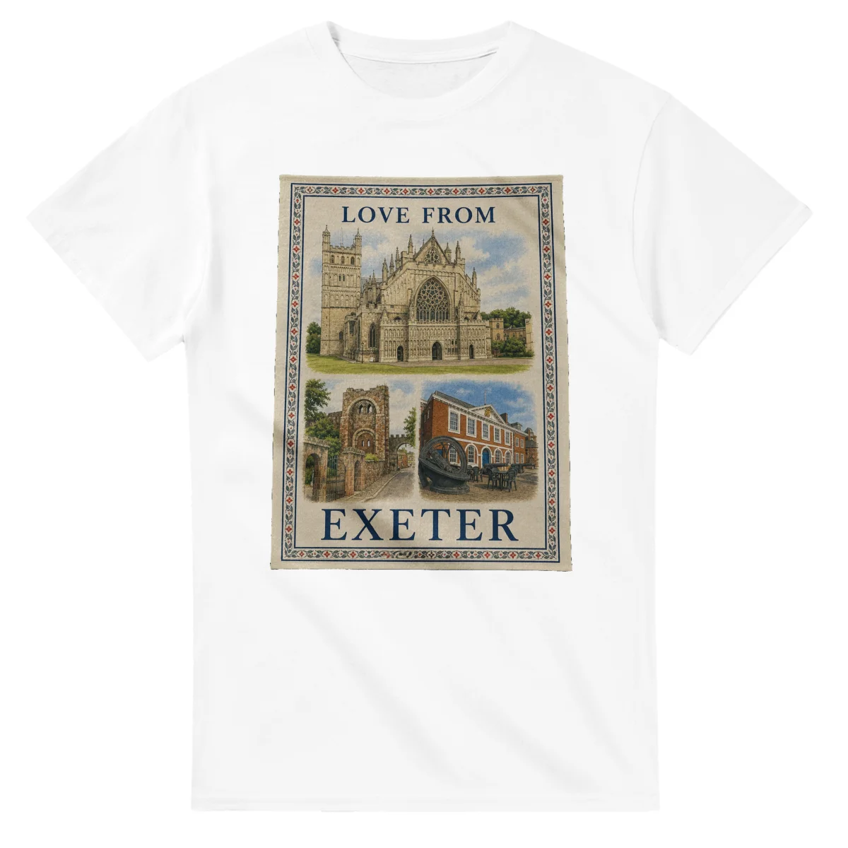Framed scenic design for Exeter, with several local views, a decorative border and LOVE FROM lettering.
