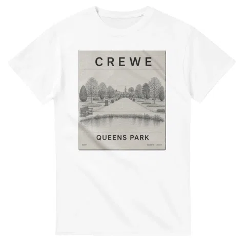 Fine-line engraving-style drawing for Crewe, with a landmark caption and small coordinate text.