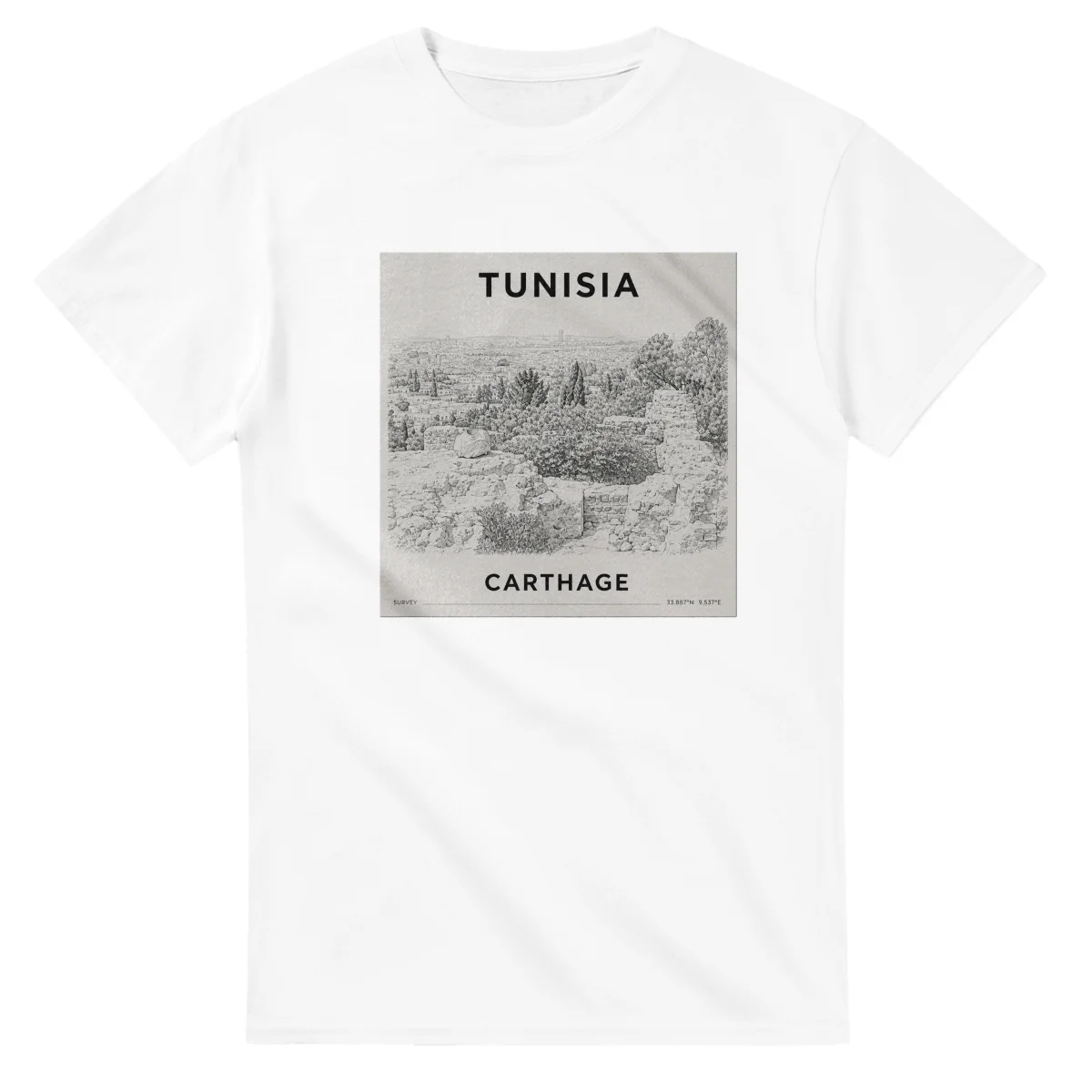 Fine-line engraving-style drawing for Tunisia, with a landmark caption and small coordinate text.
