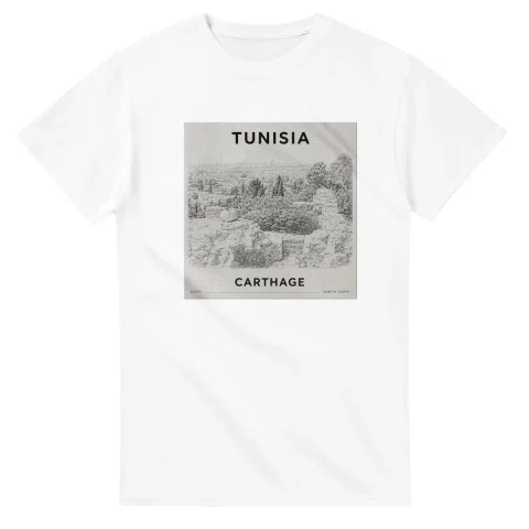 Fine-line engraving-style drawing for Tunisia, with a landmark caption and small coordinate text.
