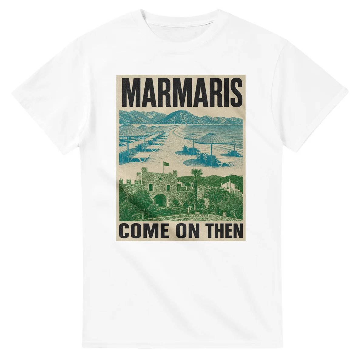 Two-colour scenic illustration for Marmaris, with the place name and COME ON THEN lettering.
