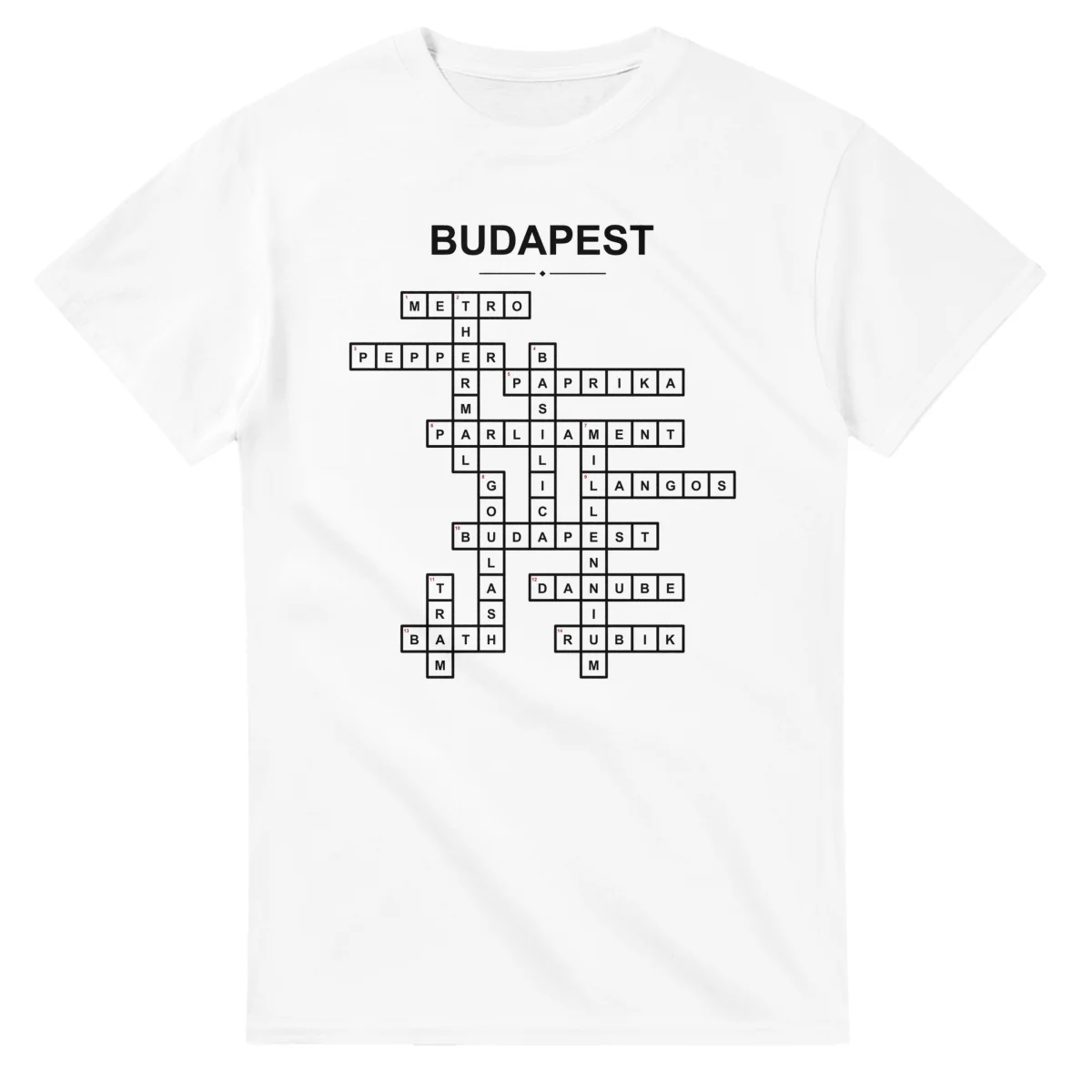 Monochrome crossword sheet for Budapest, with a large place-name heading, a letter grid, and numbered across and down clues.