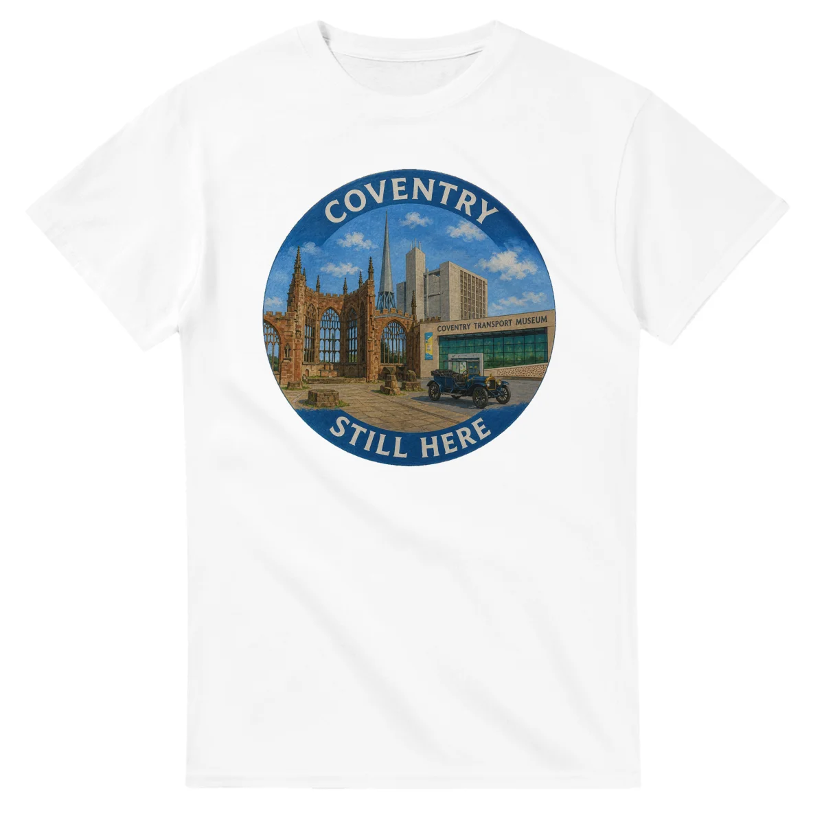 Painted, panelled scenic illustration for Coventry, with paired local scenes and the place name in lettering.