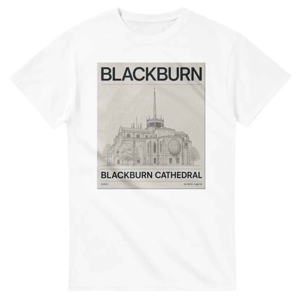 Fine-line engraving-style drawing for Blackburn, with a landmark caption and small coordinate text.