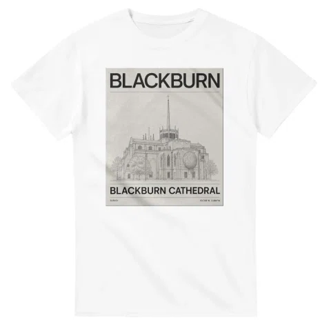 Fine-line engraving-style drawing for Blackburn, with a landmark caption and small coordinate text.