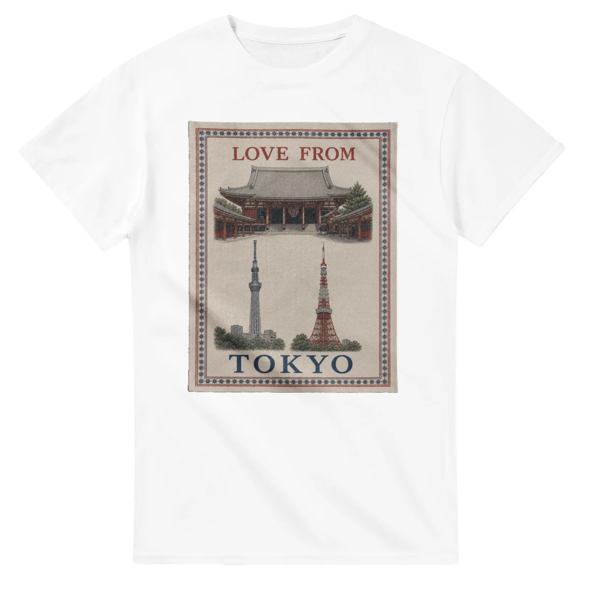 Framed scenic design for Tokyo, with several local views, a decorative border and LOVE FROM lettering.