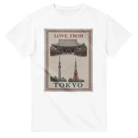 Framed scenic design for Tokyo, with several local views, a decorative border and LOVE FROM lettering.