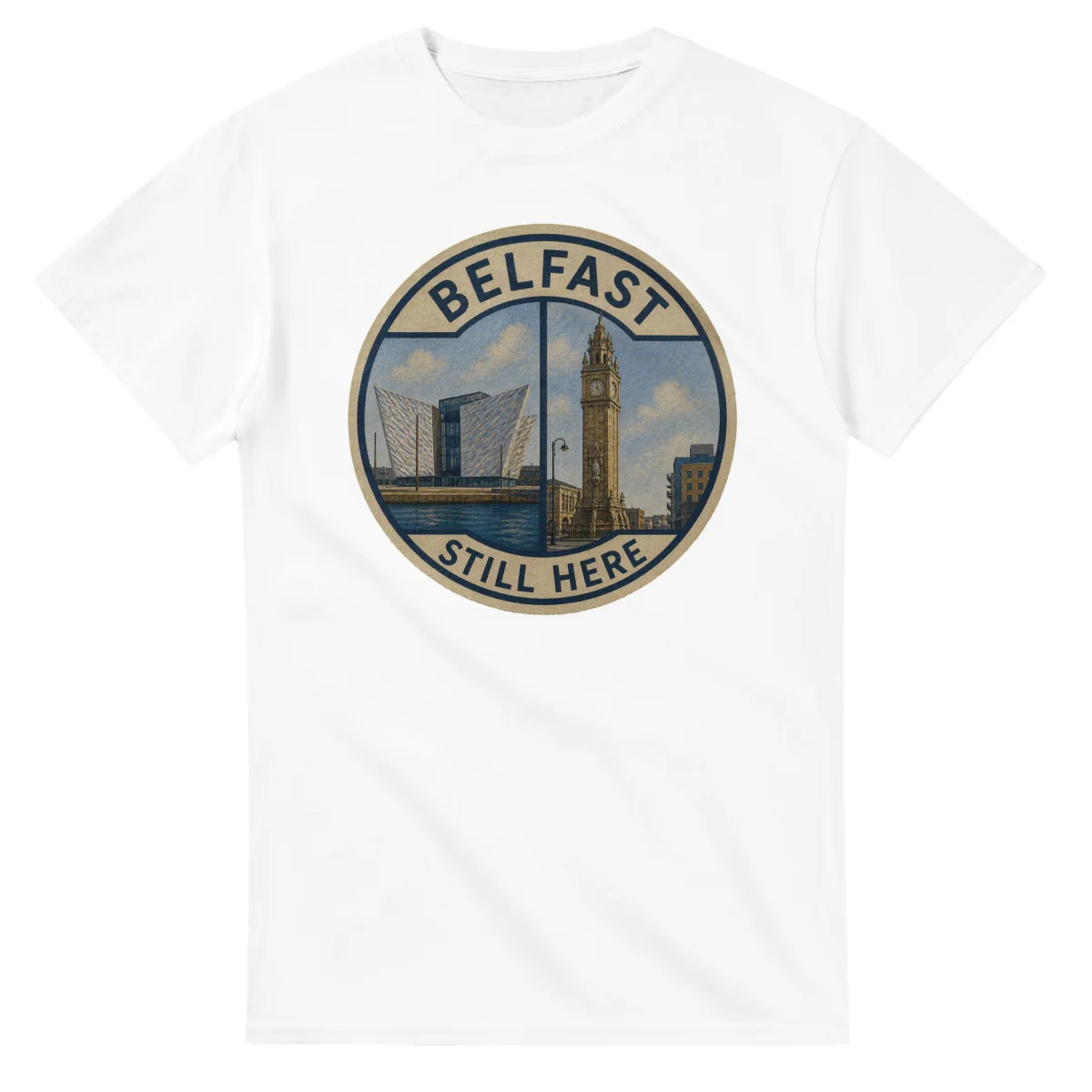 Painted, panelled scenic illustration for Belfast, with paired local scenes and the place name in lettering.