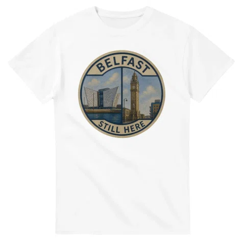 Painted, panelled scenic illustration for Belfast, with paired local scenes and the place name in lettering.