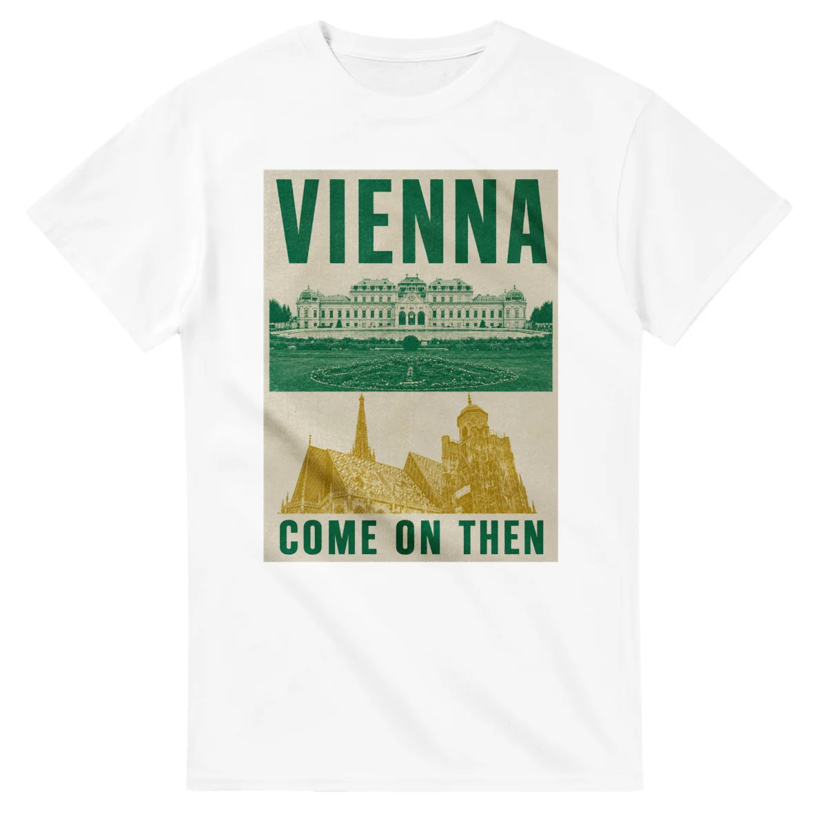 Two-colour scenic illustration for Vienna, with the place name and COME ON THEN lettering.