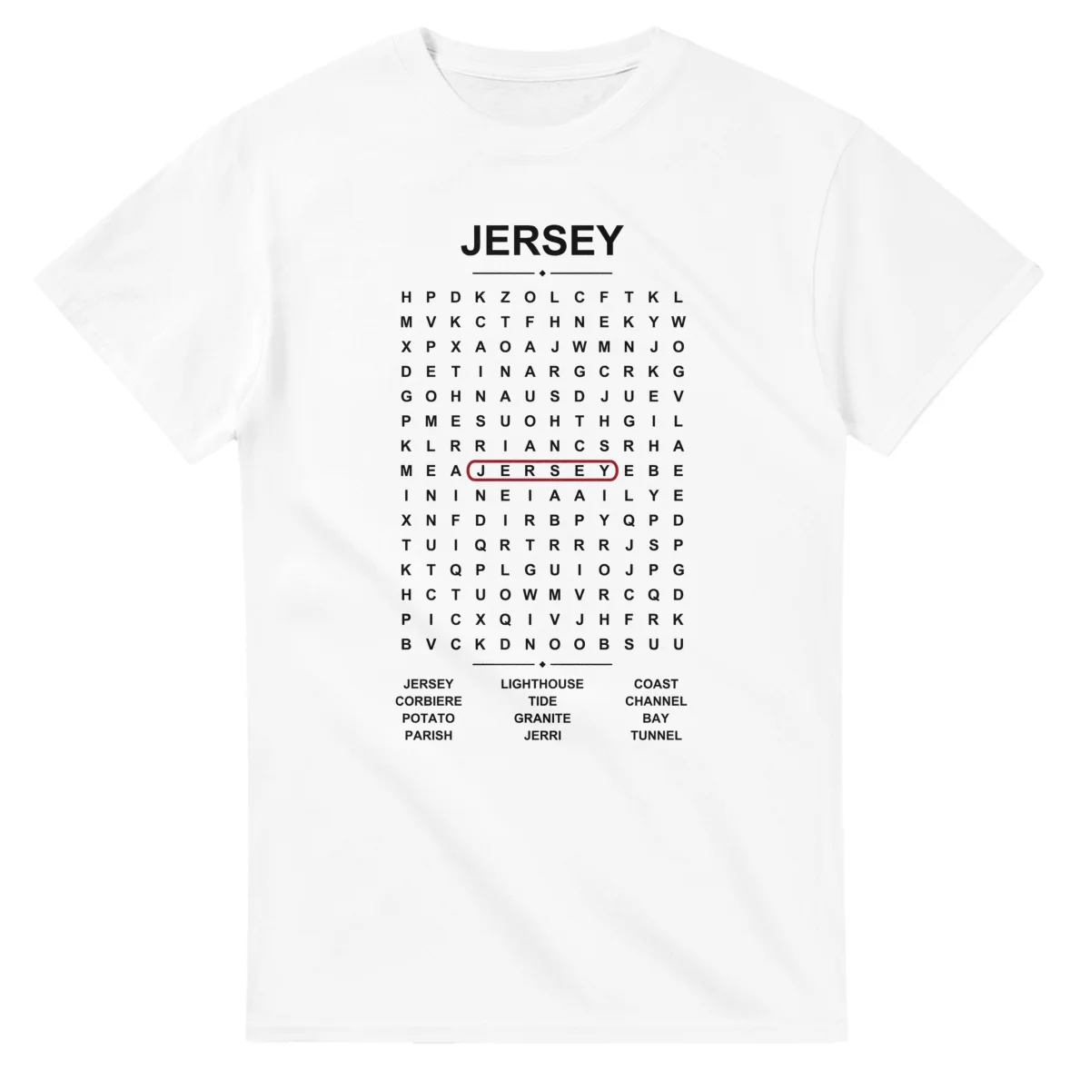 Word-search sheet for Jersey, with a large place-name heading, a letter grid, a local answer list, and a red highlighted example word.