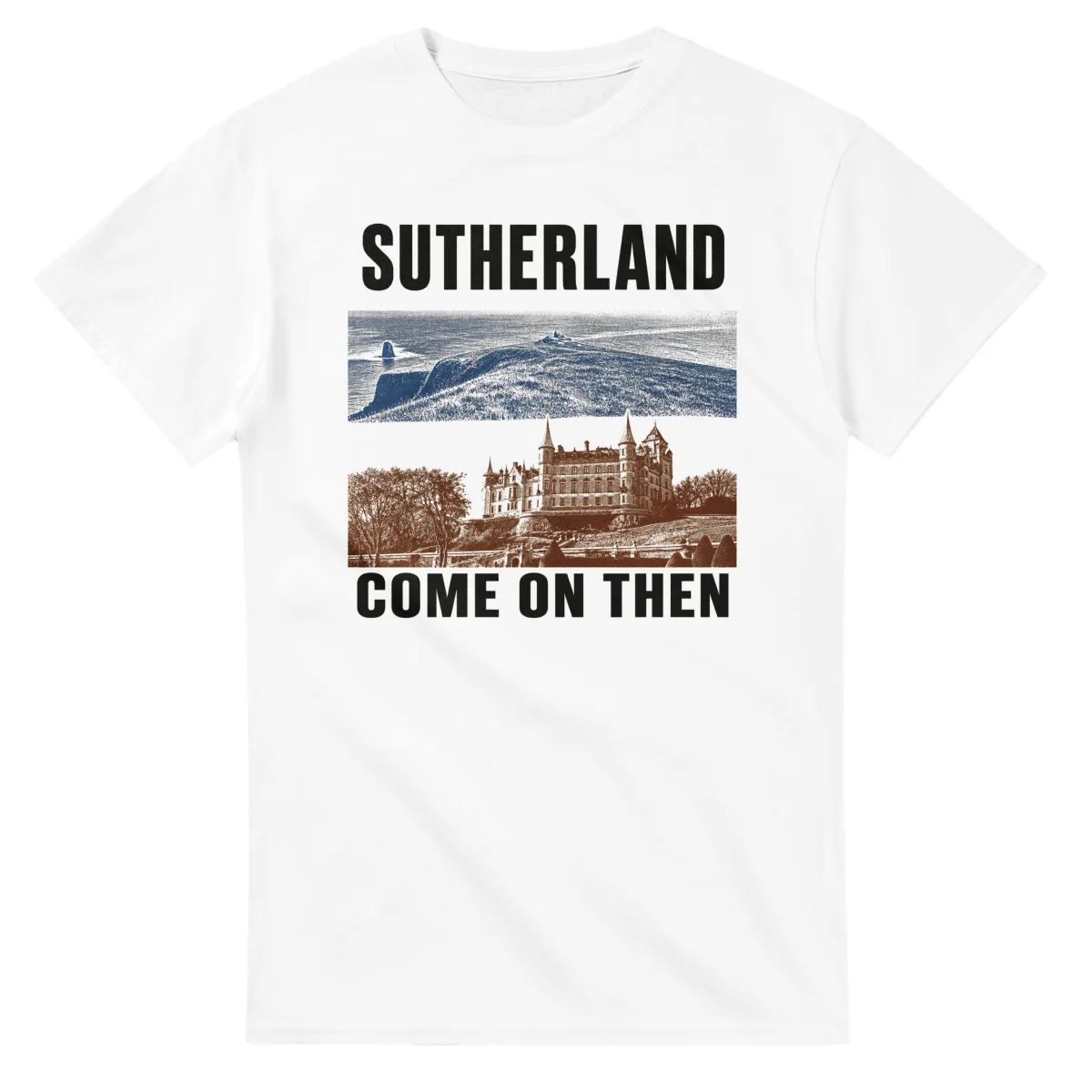 Two-colour scenic illustration for Sutherland, with the place name and COME ON THEN lettering.