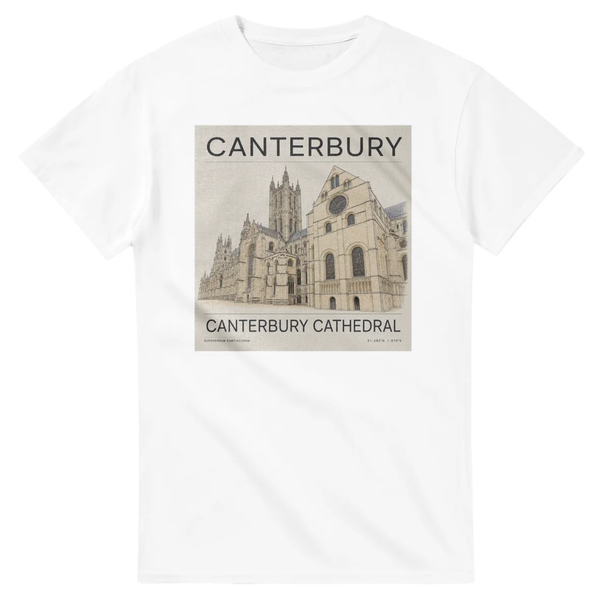 Fine-line engraving-style drawing for Canterbury, with a landmark caption and small coordinate text.