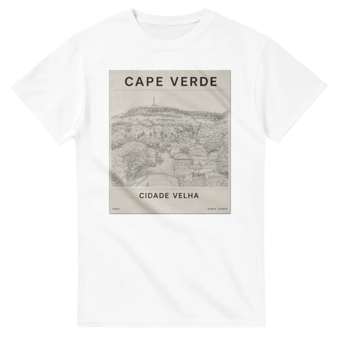Fine-line engraving-style drawing for Cape Verde, with a landmark caption and small coordinate text.