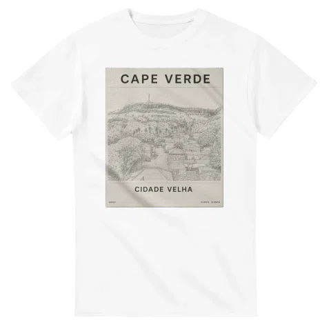 Fine-line engraving-style drawing for Cape Verde, with a landmark caption and small coordinate text.