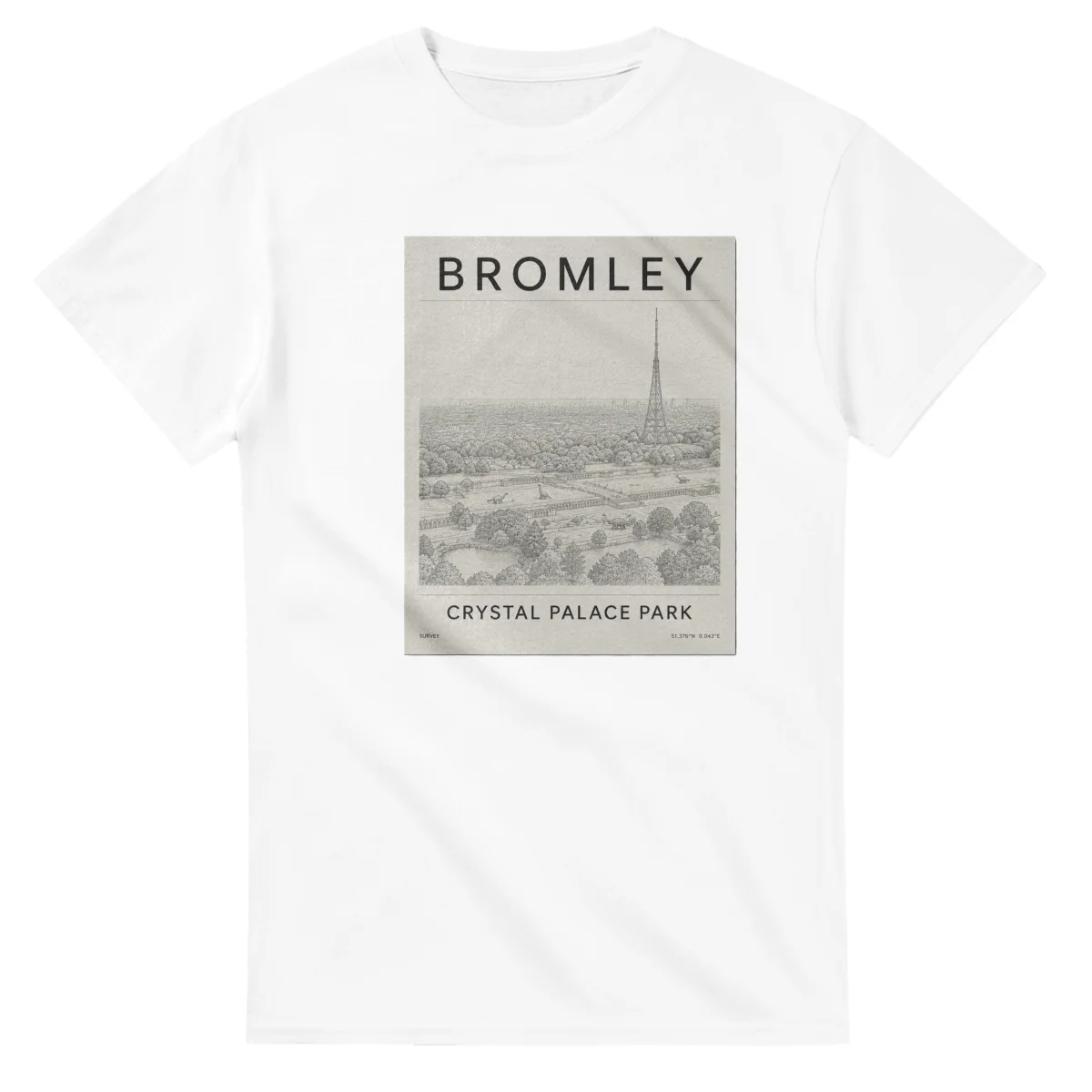 Fine-line engraving-style drawing for London Borough of Bromley, with a landmark caption and small coordinate text.