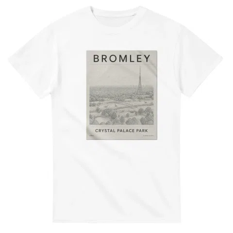 Fine-line engraving-style drawing for London Borough of Bromley, with a landmark caption and small coordinate text.