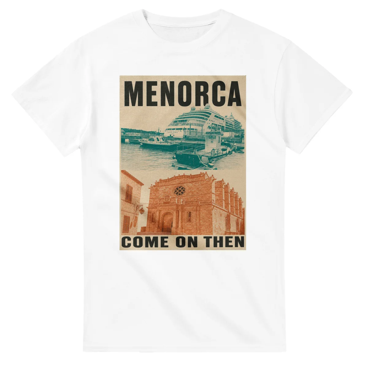 Two-colour scenic illustration for Menorca, with the place name and COME ON THEN lettering.