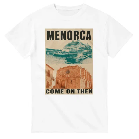 Two-colour scenic illustration for Menorca, with the place name and COME ON THEN lettering.