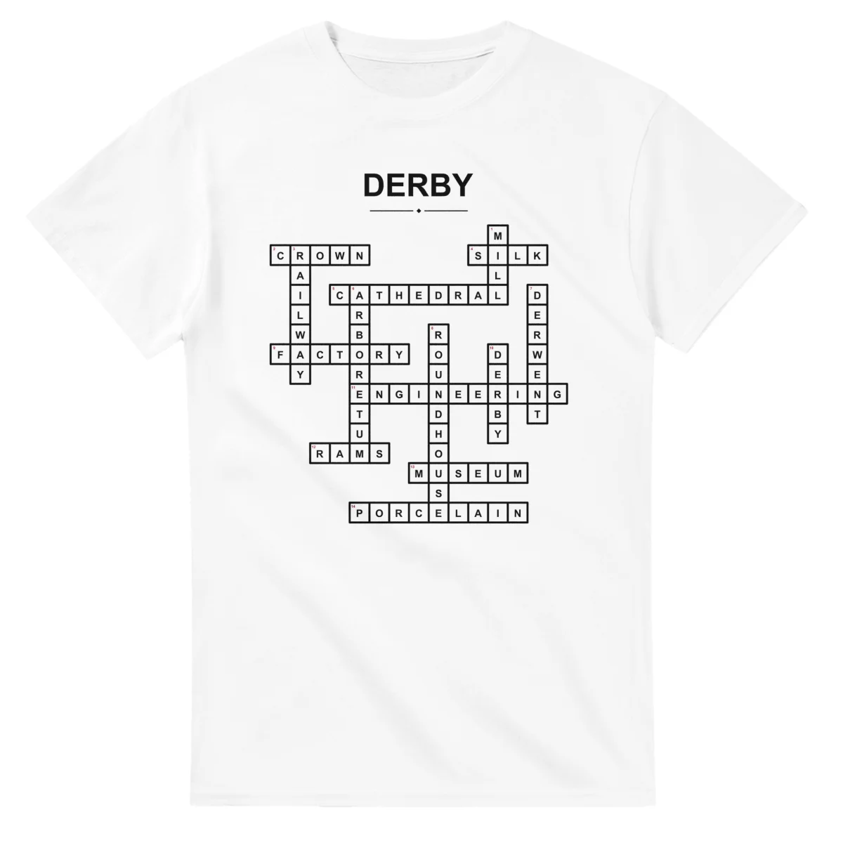 Monochrome crossword sheet for Derby, with a large place-name heading, a letter grid, and numbered across and down clues.