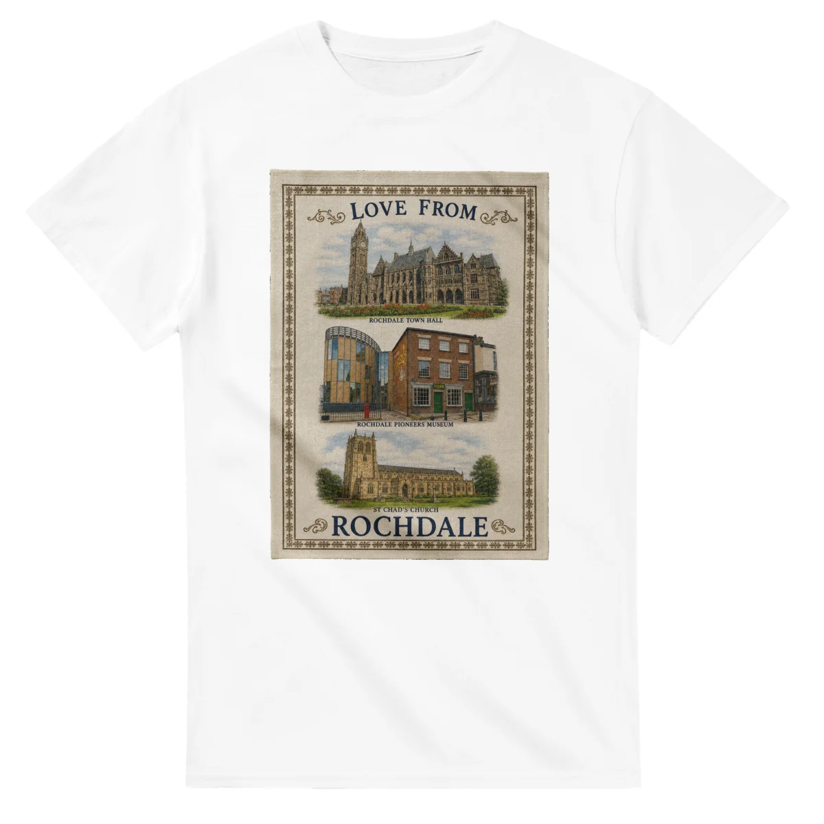 Framed scenic design for Rochdale, with several local views, a decorative border and LOVE FROM lettering.