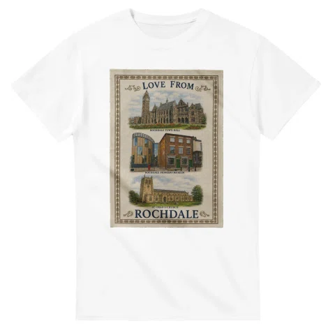 Framed scenic design for Rochdale, with several local views, a decorative border and LOVE FROM lettering.